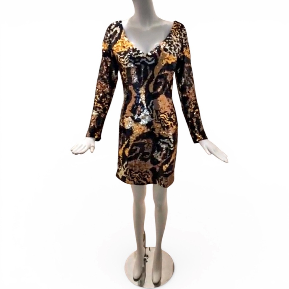 Vintage Beautiful Oleg Cassini Black Tie Leopard Sequins Long Sleeve Mini dress